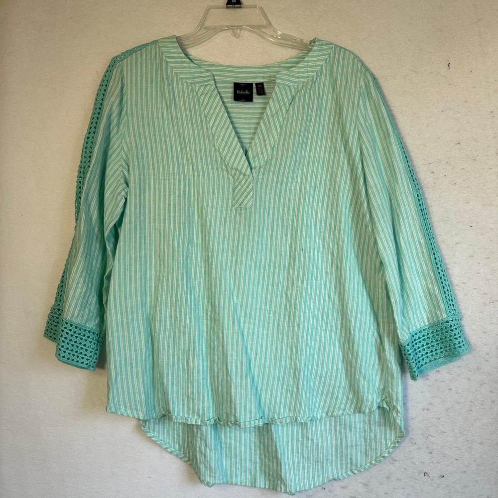 Rafaella Womens 100% Linen Mint Green Striped Crochet Lace Trim Blouse Size L